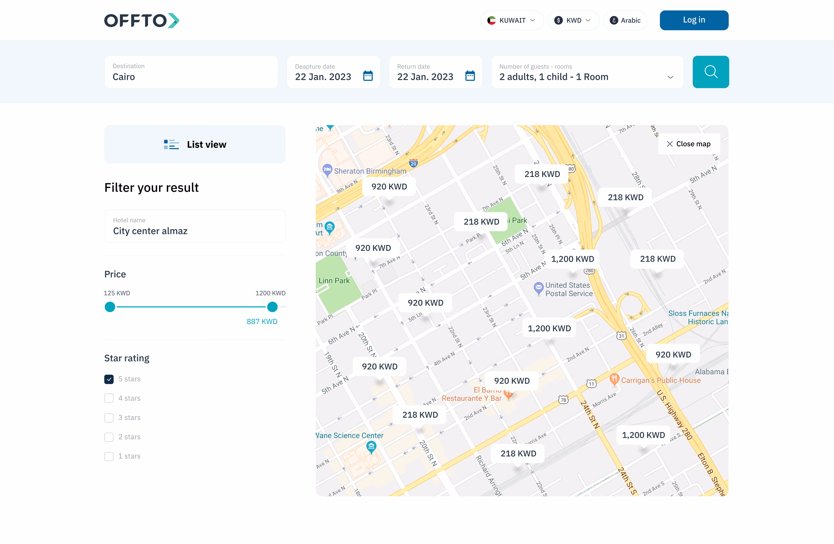 Offto web: Hotel search with the map view open
