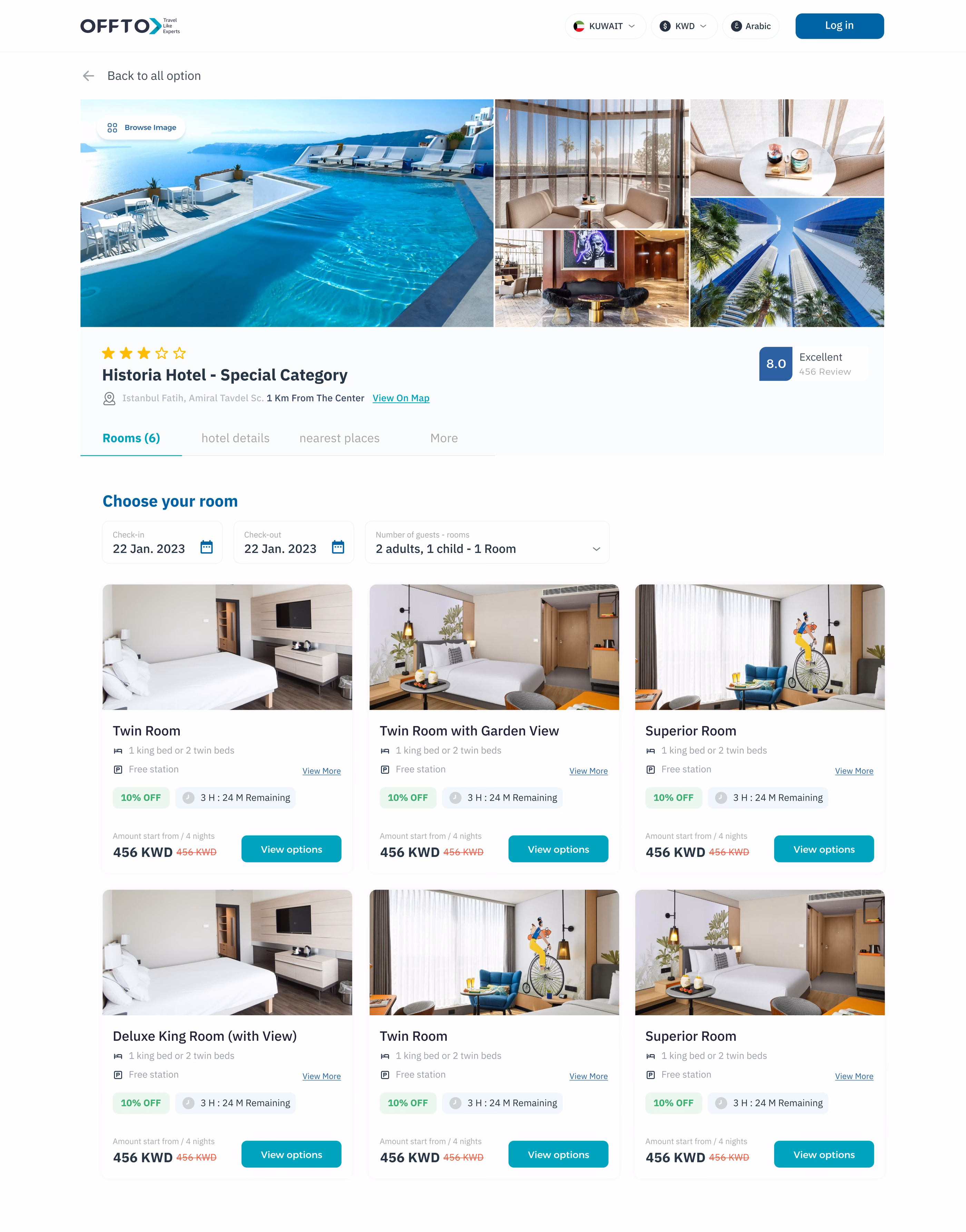 Offto web: Hotel page, choosing a room